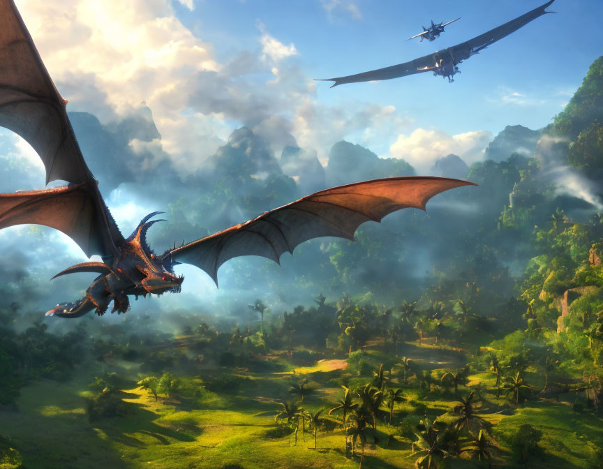 Majestic dragons soar over sunlit valley and misty mountains