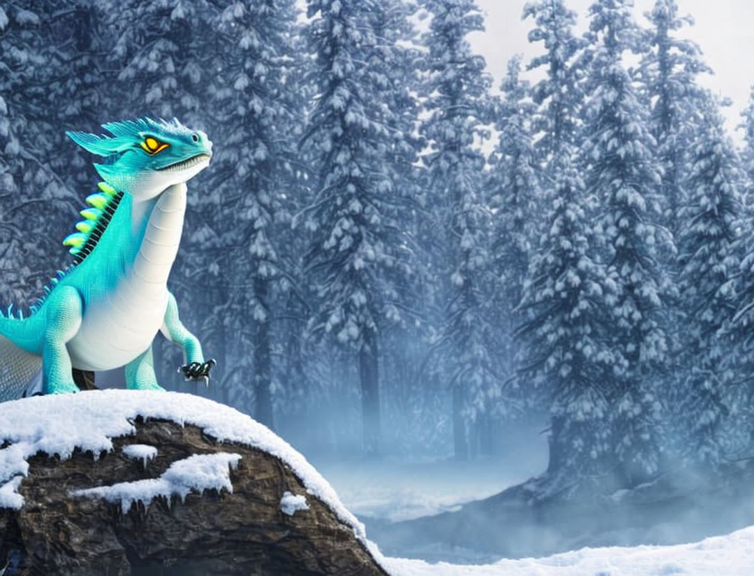 Blue dragon with aqua accents on snowy rock in wintry forest