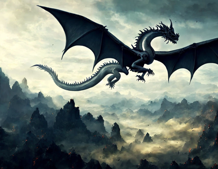 Majestic dragon flying over misty rocky landscape