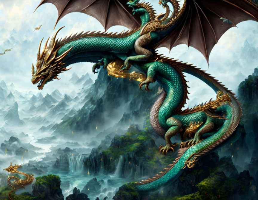 Majestic green dragon with elaborate scales in mountain landscape