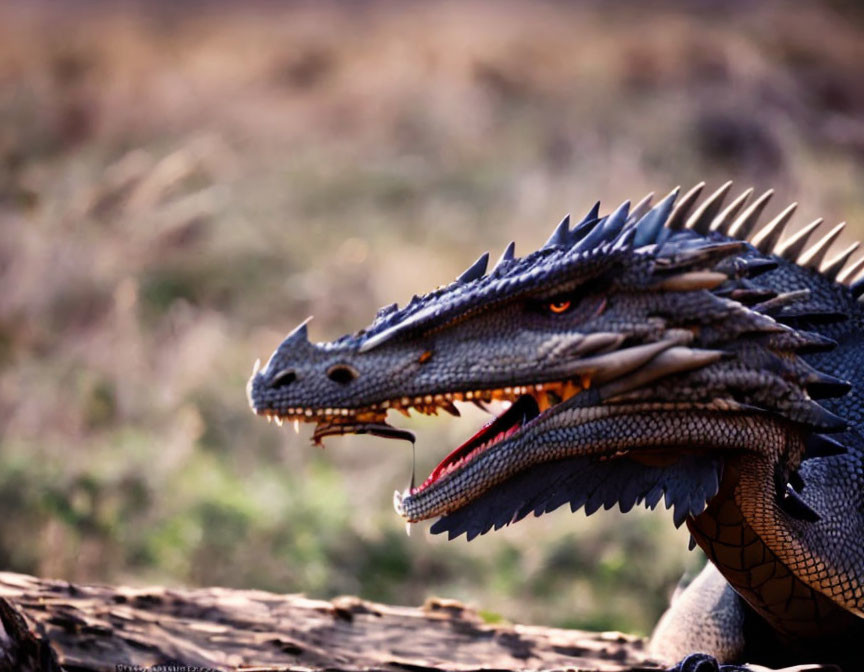 Detailed Dragon Model with Sharp Teeth and Glowing Eyes on Wooden Surface