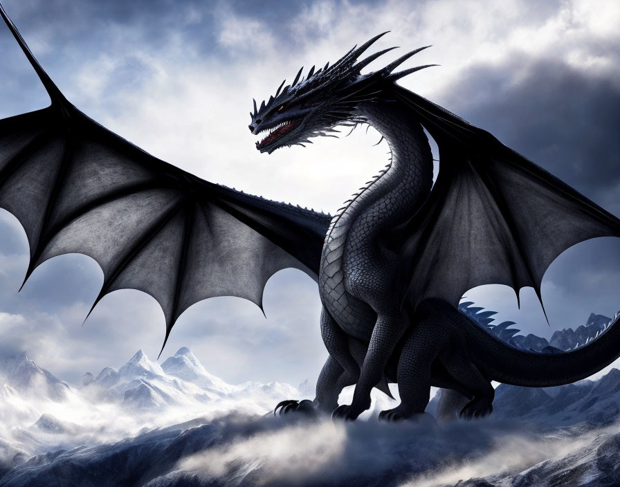 Black dragon with red eyes in snowy mountain backdrop