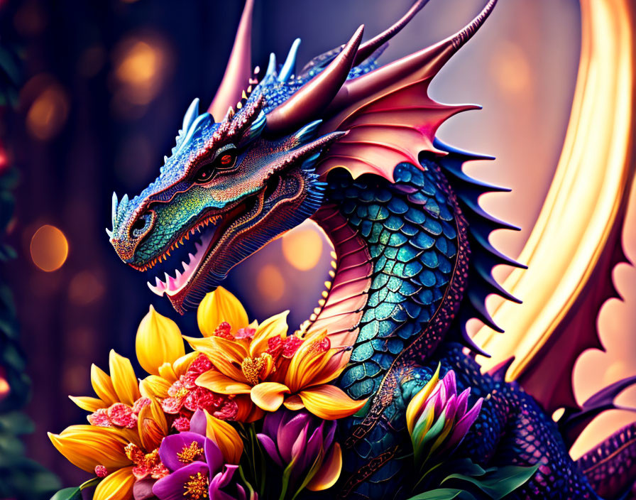 Colorful Dragon Illustration with Horns and Orange Wings Among Flowers