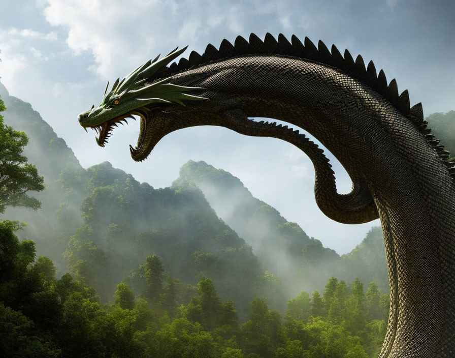 Green Serpentine Dragon in Misty Mountain Forest