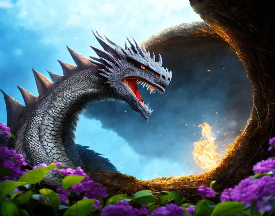 Dragon breathing fire among purple flowers with blue sky background.