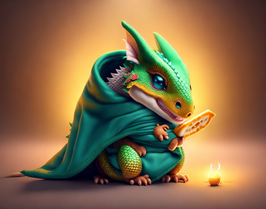 Animated green dragon with blue eyes holding pizza slice and candle in teal cloak