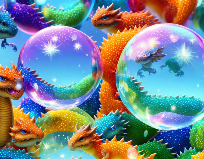 Fantastical Dragons with Sparkling Bubbles on Blue Background