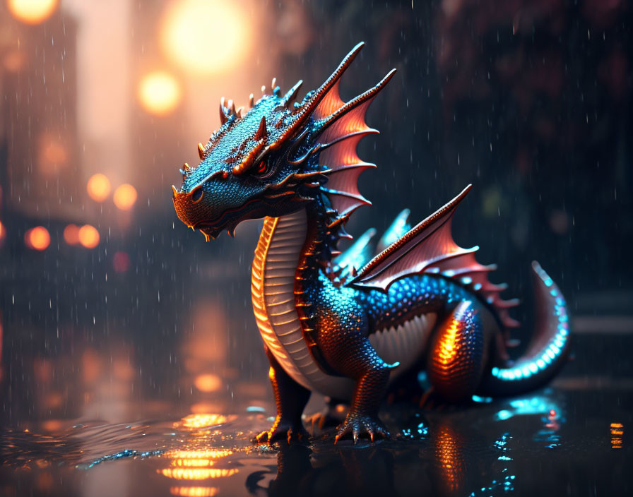 Detailed Blue and Orange Dragon Model in Urban Night Scene