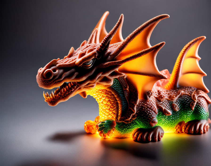 Detailed Orange and Green Dragon Figurine with Large Wings on Dark Background