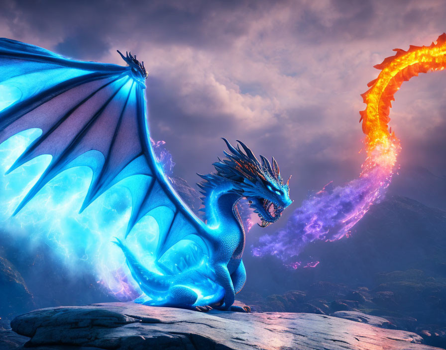 Blue Dragon Breathing Purple-Blue Fire in Fantasy Landscape