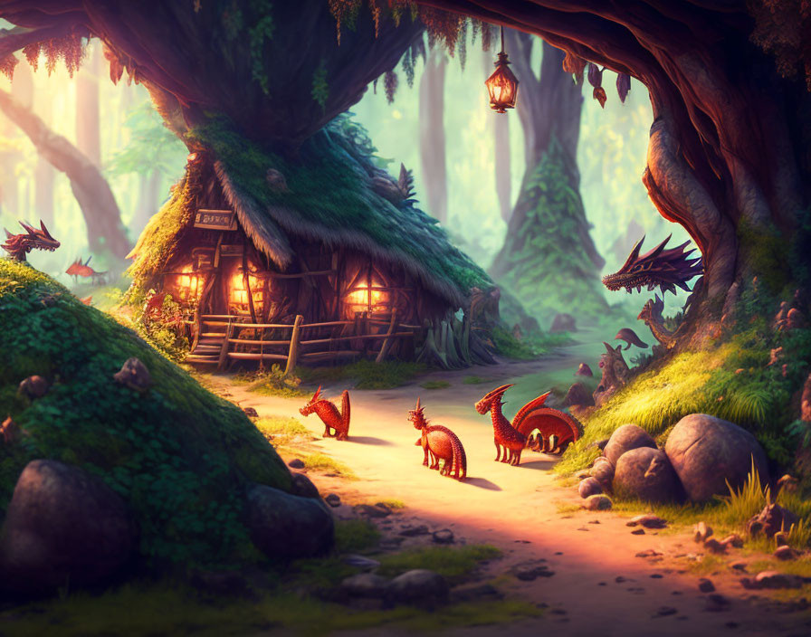 Enchanting forest scene with cozy cottage, red dragons, towering trees, and lanterns