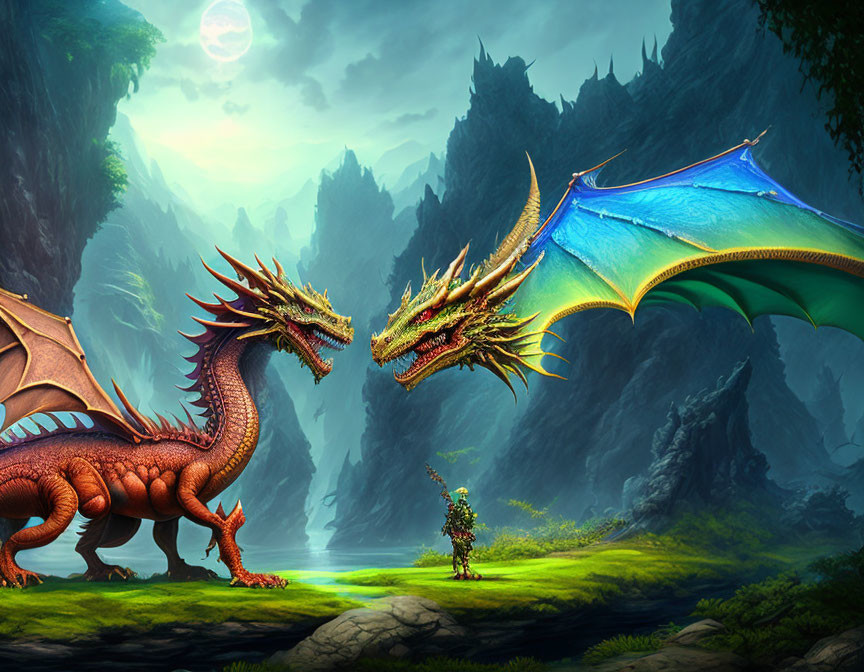 Majestic dragons and knight in fantastical moonlit landscape