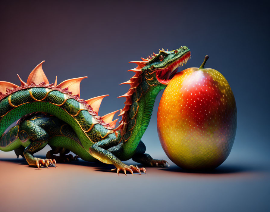 Colorful Dragon with Large Wings and Sharp Claws Gazes at Oversized Apple on Purple Background