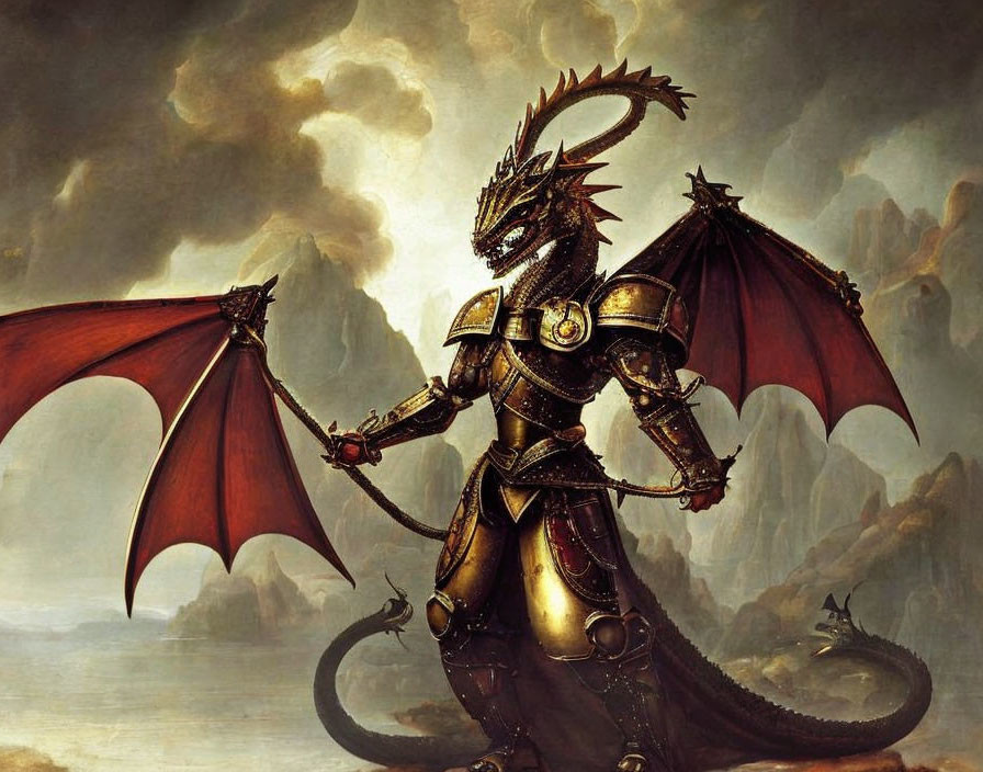 Armored dragon standing with wings outstretched against mountainous backdrop