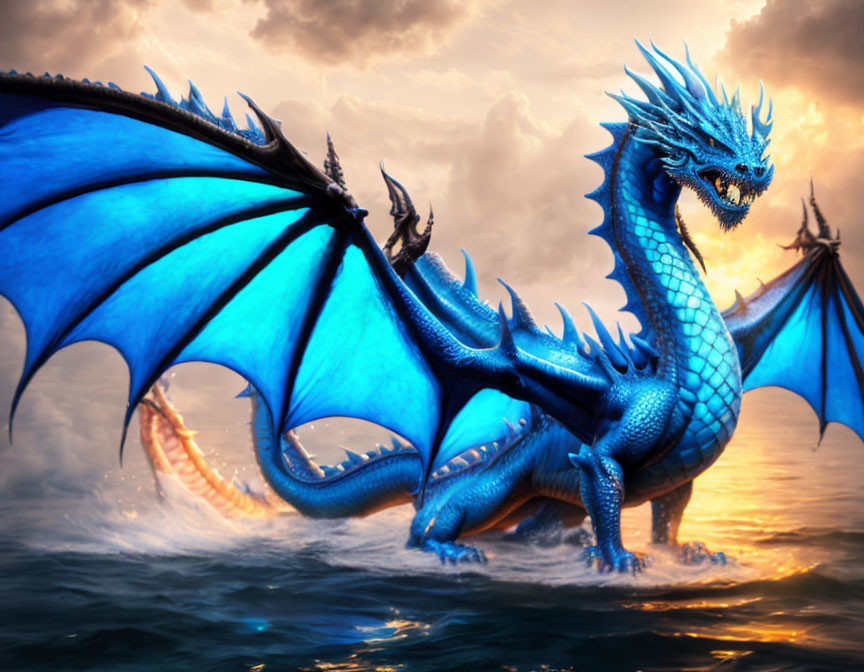 Blue dragon emerges from ocean at sunset