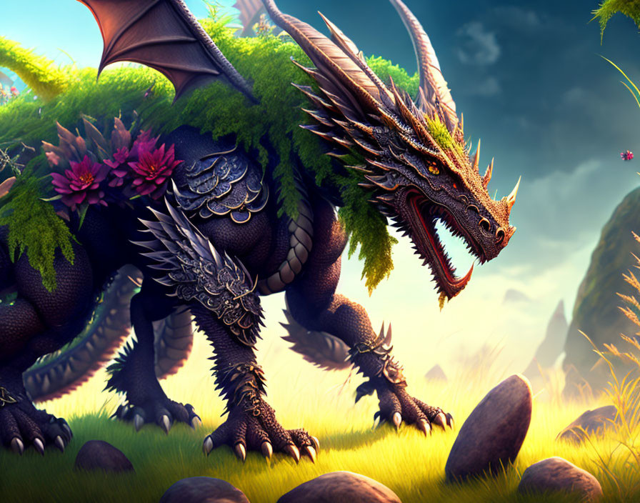 Majestic dragon with green foliage in lush landscape