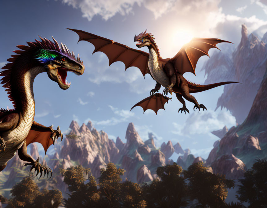 Dragons with outstretched wings in mountain sunset scene