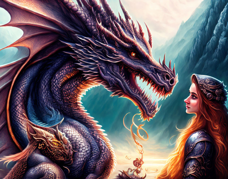 Blue dragon confronts armored woman with crown in mountain twilight scene