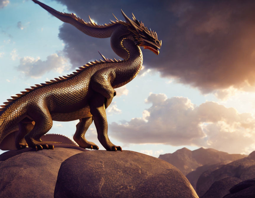 Majestic dragon on rocky terrain under dramatic sunset sky