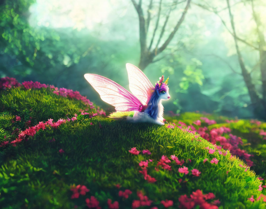 Colorful winged creature in fantasy forest with unicorn-like features