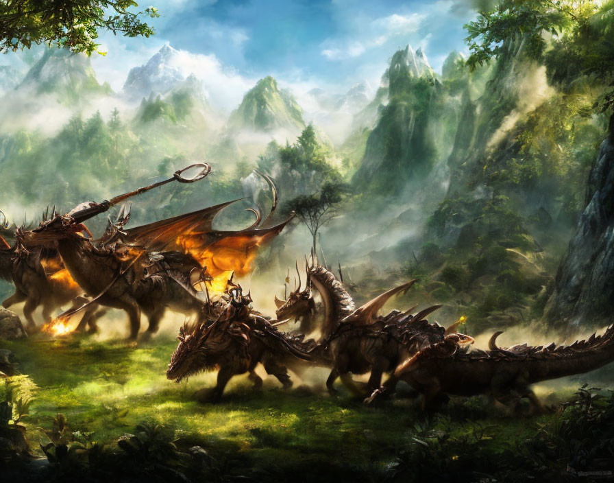 Majestic dragons in misty mountain fantasy landscape