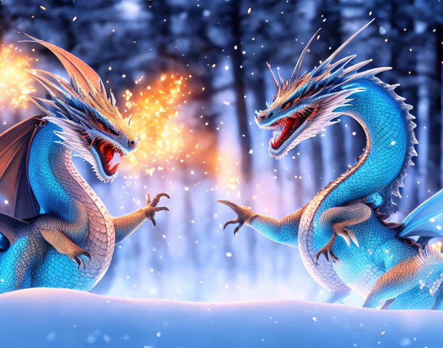 Two Extended Wing Blue Dragons in Snowy Landscape with Glowing Embers