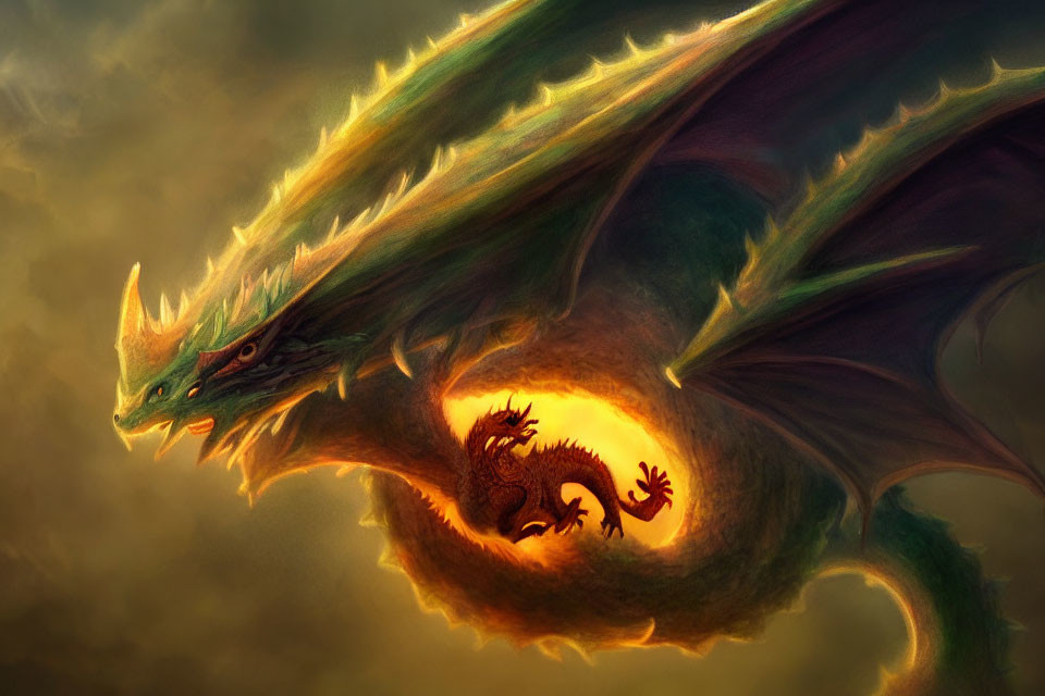 Green-scaled dragon with fiery glow and large wings in dramatic sky