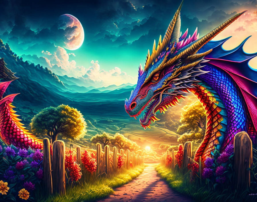 Colorful Dragon Artwork with Pathway and Moonlit Sky