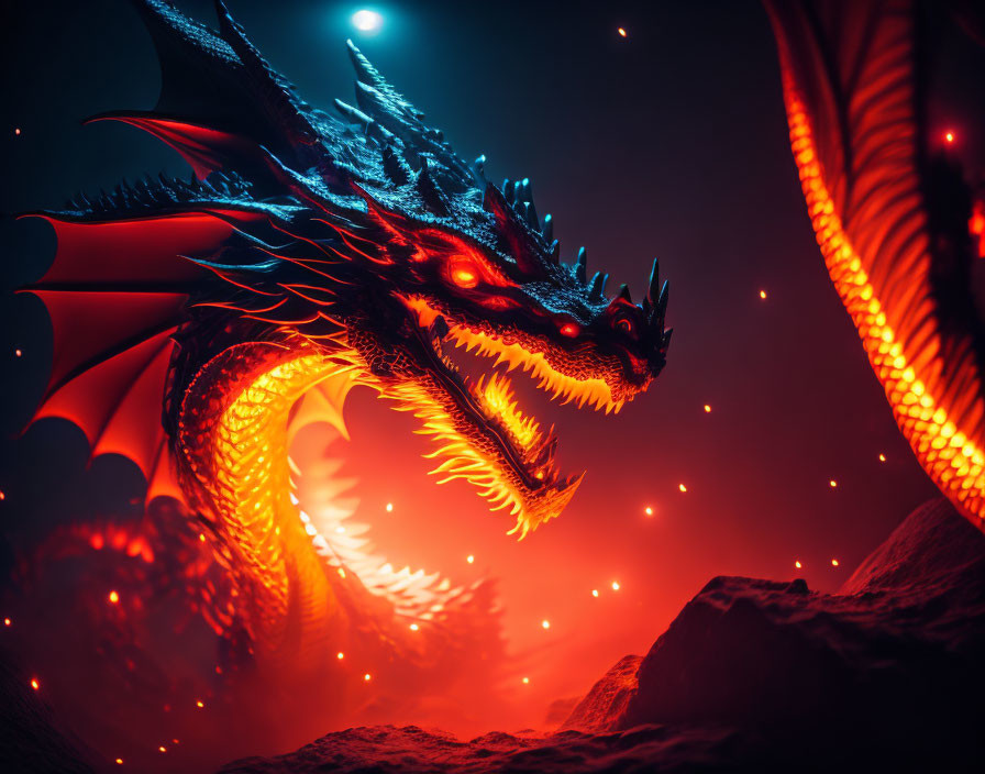 Majestic dragon with red and blue scales in fiery landscape