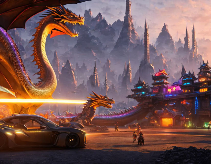 Majestic dragon with sports car and motorcycles in oriental cityscape