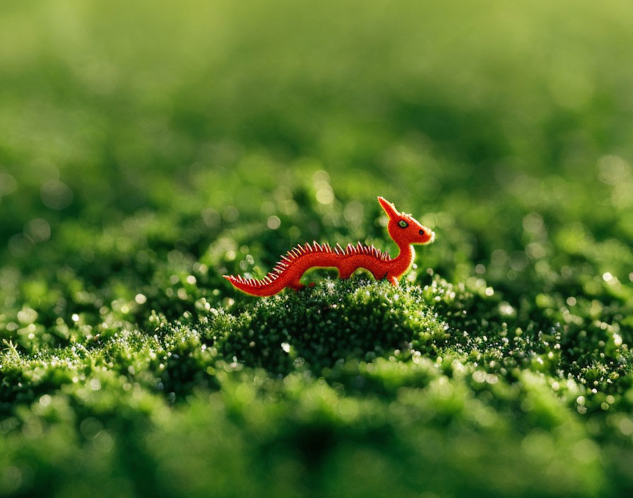 Red Plastic Dinosaur Toy in Green Moss Field with Soft Sunlight