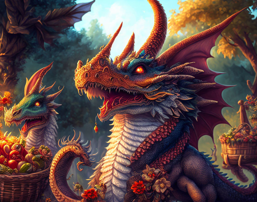 Colorful Dragons in Forest with Fruit Baskets