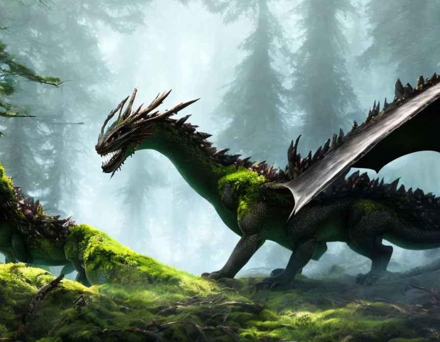 Moss-Covered Green and Black Dragon in Misty Forest