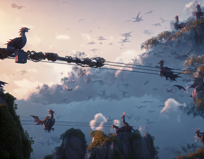 Dragons on Power Lines in Misty Mountain Landscape at Dusk