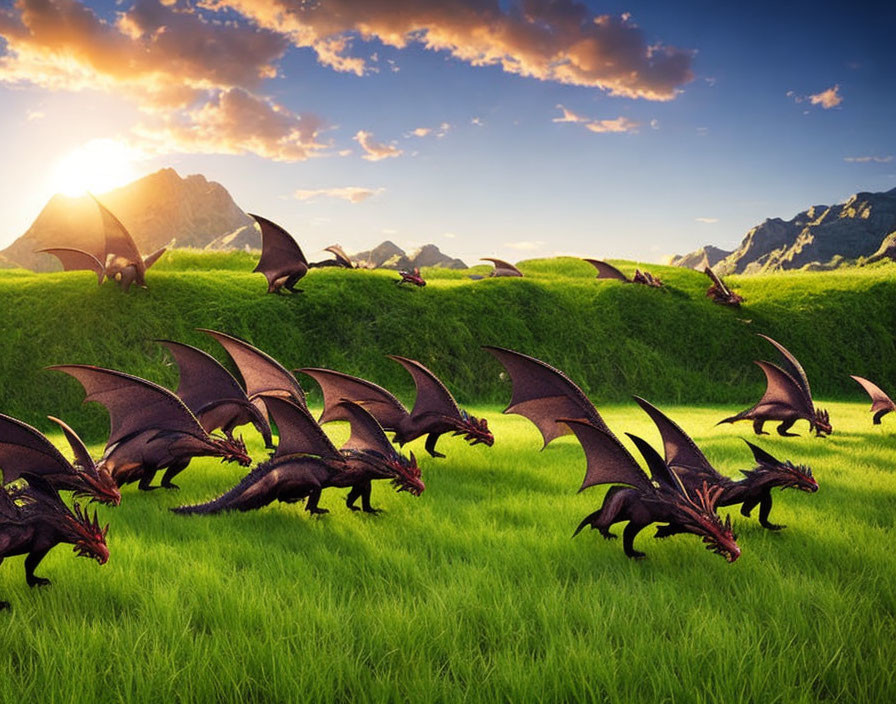 Dragons with leathery wings fly over lush green hills under vibrant sky