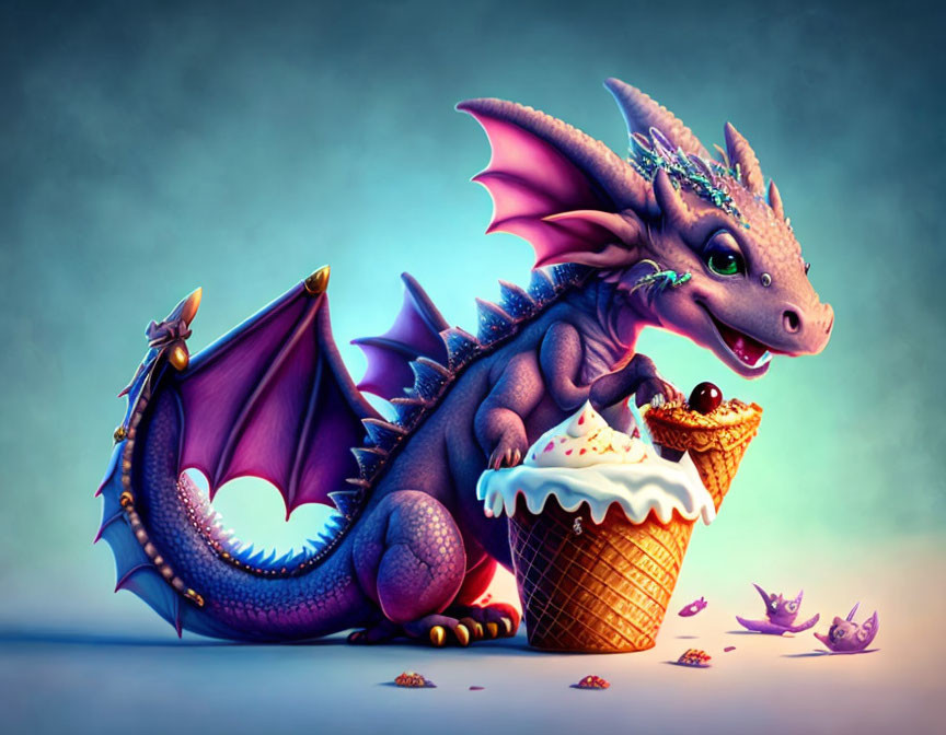 Colorful Animated Dragon with Purple Wings and Ice Cream Cone in a Blue Setting