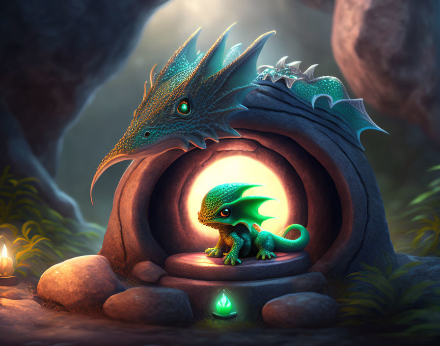 Adult and baby dragons in enchanted forest hollow