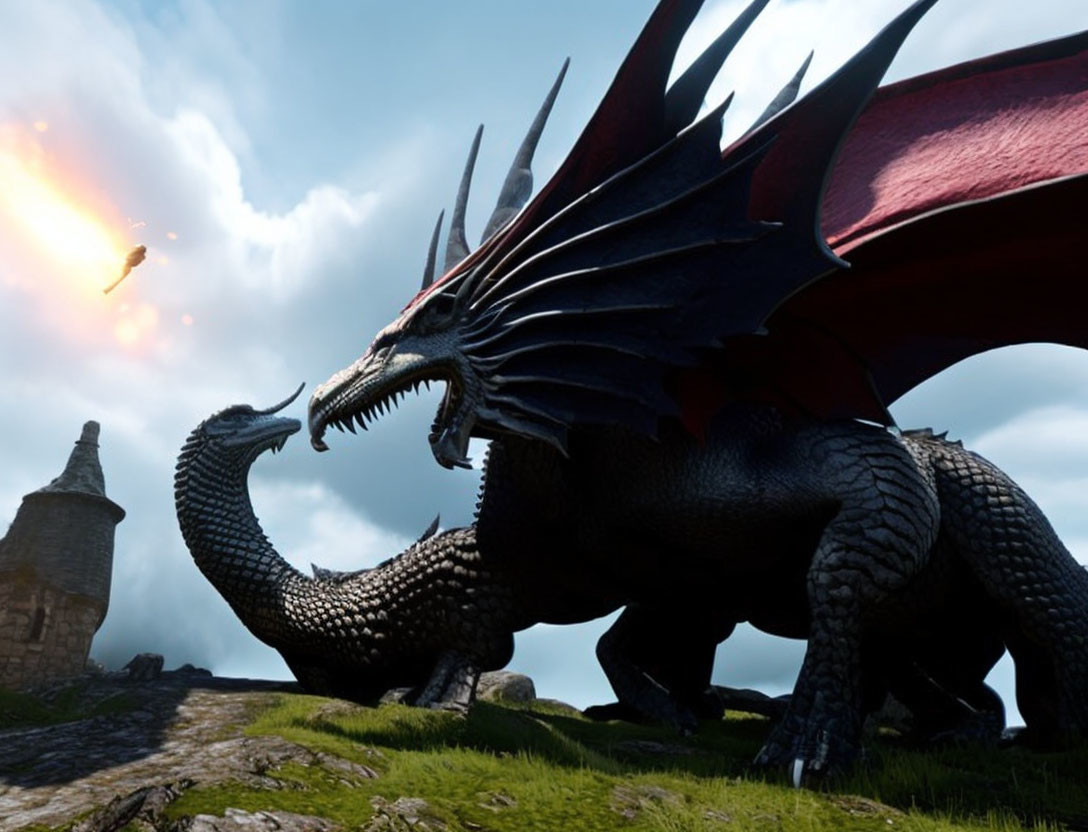 Black dragon with red wings in rocky landscape and ruins.