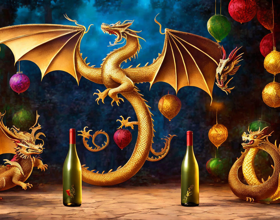 Golden dragon-themed decor with lanterns and wine bottles.