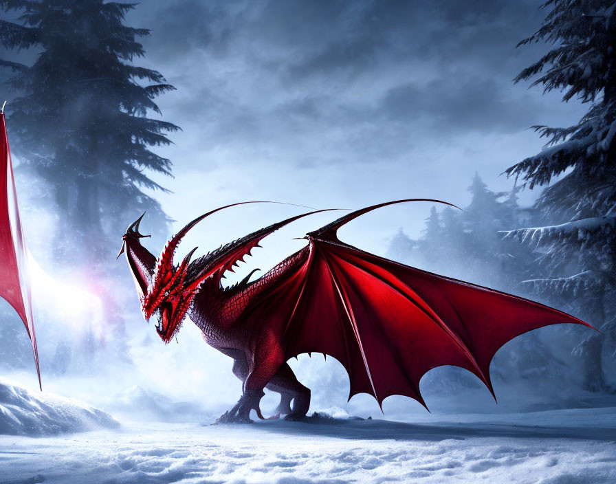 Red Dragon with Expansive Wings in Snowy Landscape