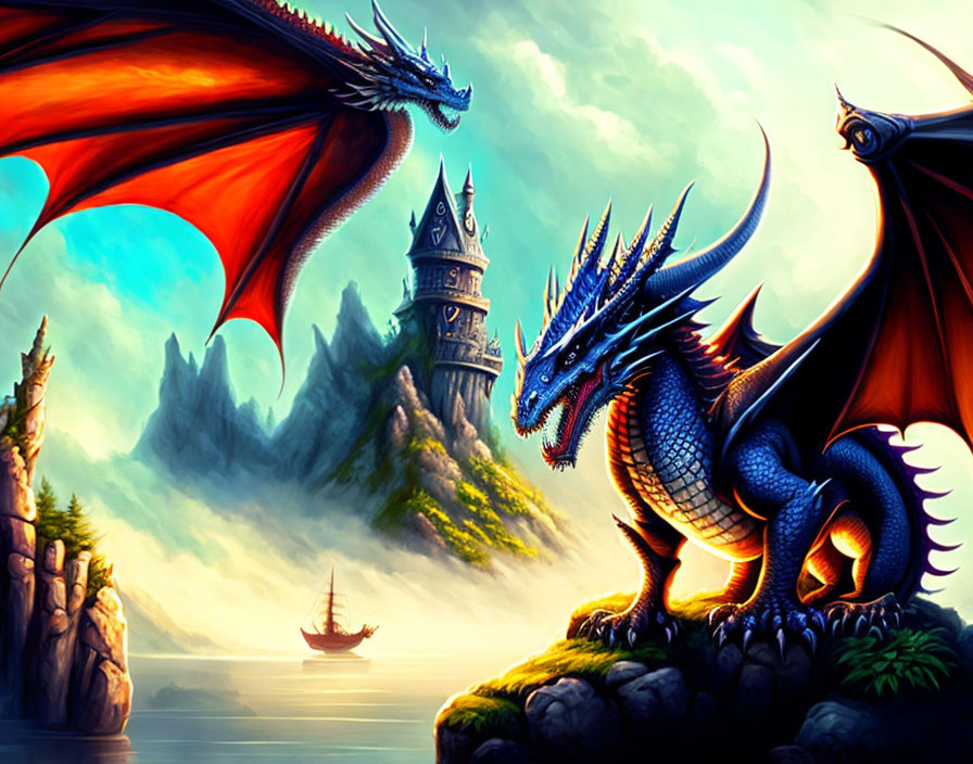 Fantasy scene: Two dragons by castle cliff, sea view with sailing ship