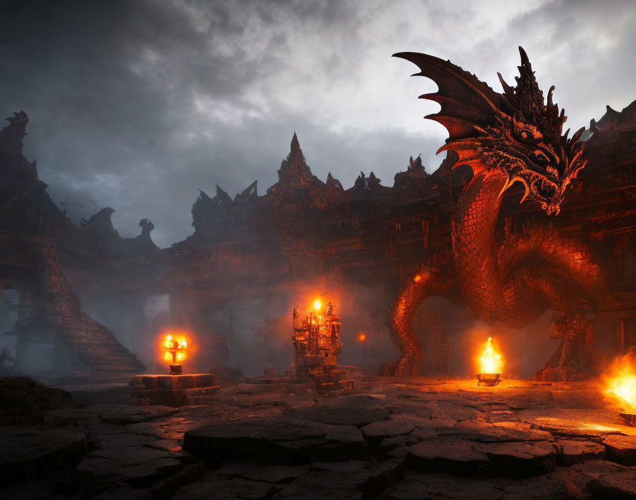 Menacing dragon in dark gothic castle with brooding sky