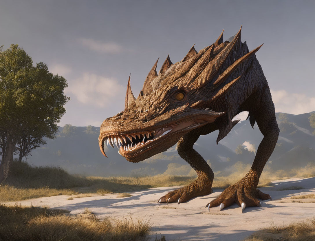 Menacing dragon with sharp teeth and scales in sandy landscape