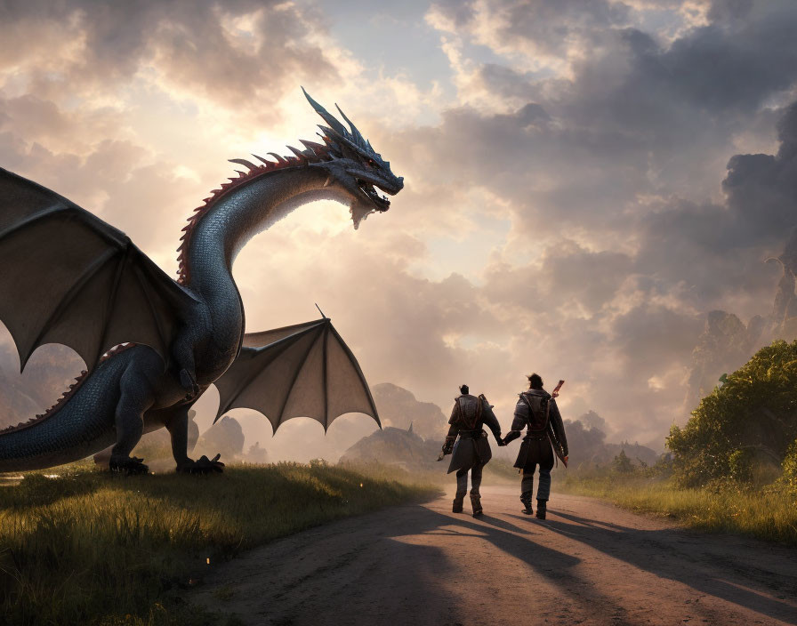 Two adventurers accompanied by a large blue dragon in a dramatic, sunlit landscape