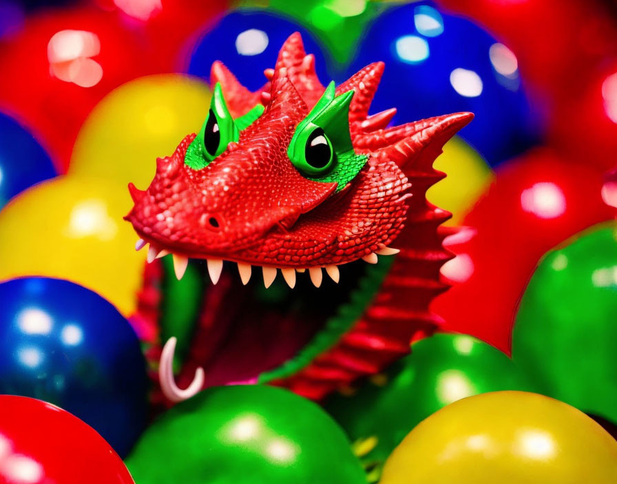 Vivid Red Toy Dragon Among Colorful Plastic Balls