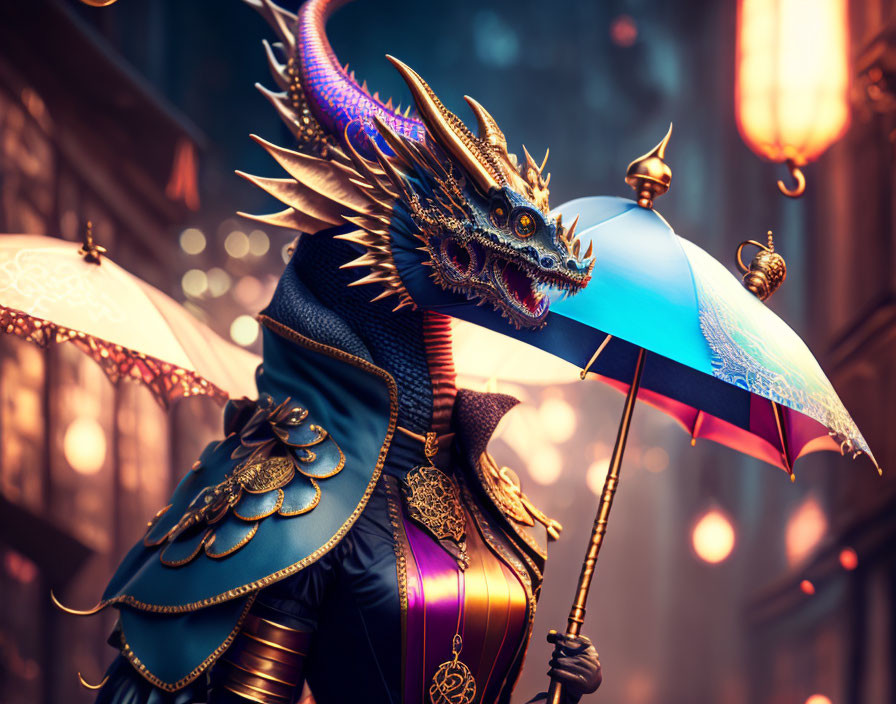 Colorful Dragon Holding Umbrella in Lantern-lit Setting