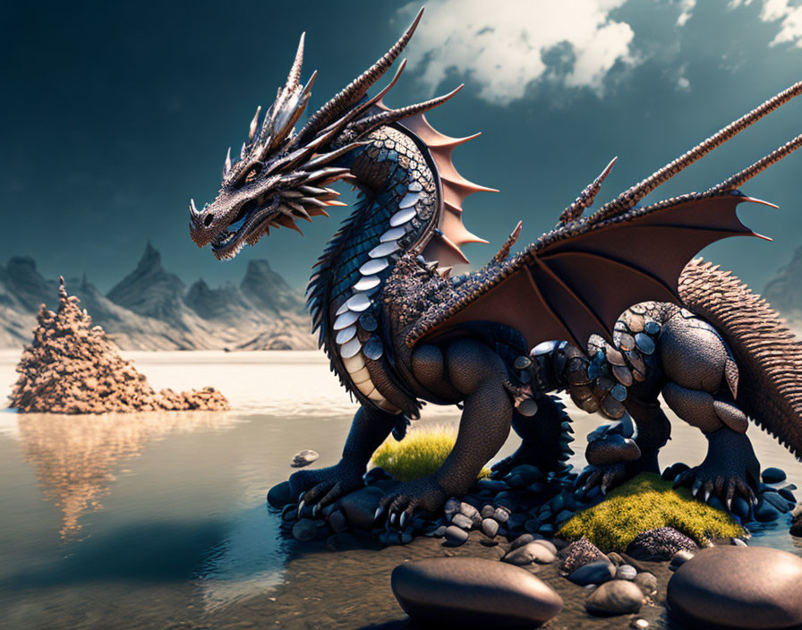 Majestic dragon with intricate scales by tranquil lake and mountains.