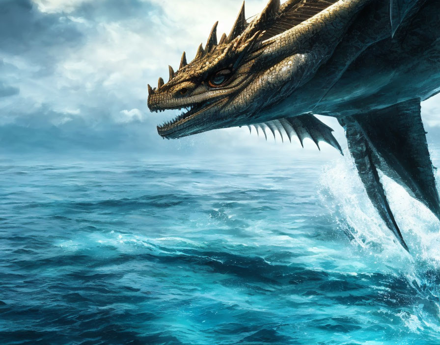 Detailed Dragon Emerges from Turbulent Ocean under Cloudy Sky