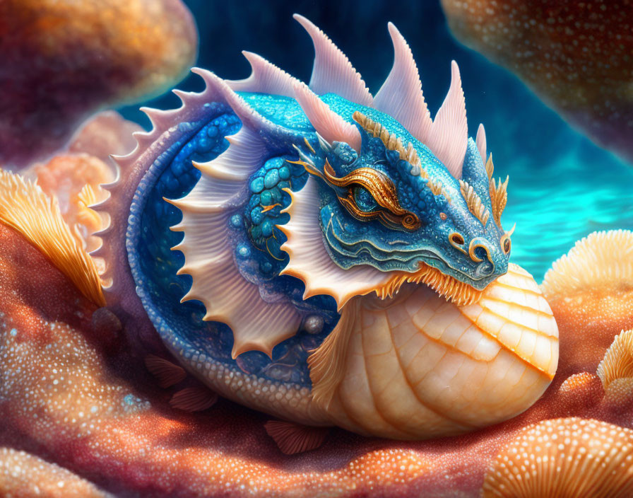 Detailed Illustration of Fantastical Sea Dragon with Shell Base and Blue & Gold Scales