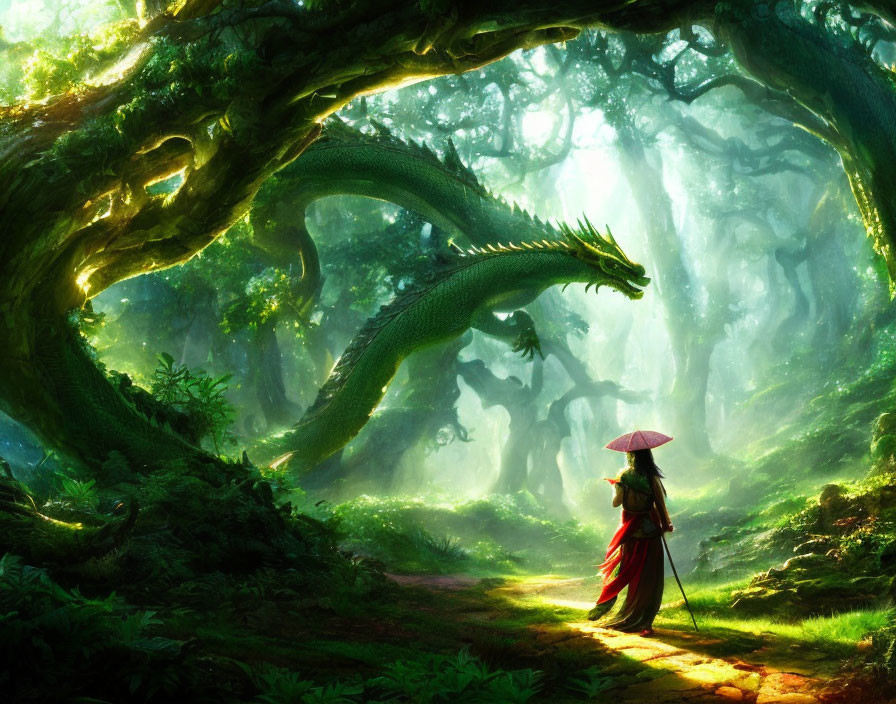 Person in red cloak gazes at green dragon in lush forest scene